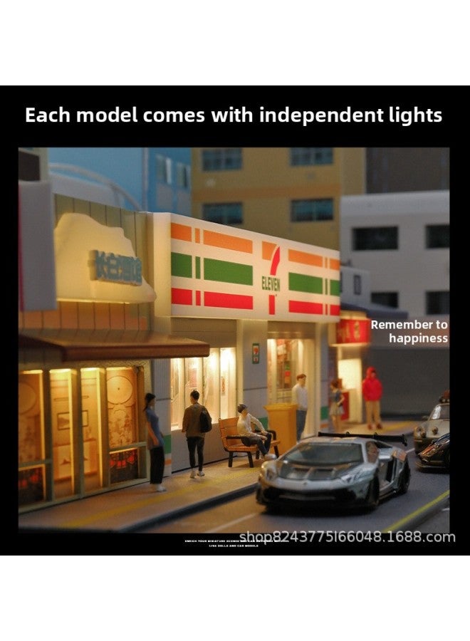 Simulation 1:64 Miniature McDonald's 711 Convenience Store Supermarket Building Scene Model Street View Micro With Lights Ornaments-Color:Shaxian Snack Scene-with Lights