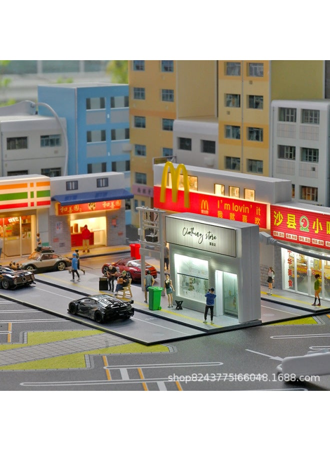 Simulation 1:64 Miniature McDonald's 711 Convenience Store Supermarket Building Scene Model Street View Micro With Lights Ornaments-Color:Shaxian Snack Scene-with Lights