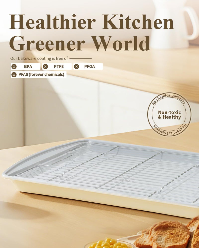 Ymiton Nonstick Crisp Baking Tray With Wire Rack, Ceramic Coating Jelly Roll 15x10 Cookie Sheet Pan, Non-Toxic, PTFE & PFOA Free, Oven Safe 550Â°F, Dishwasher Safe, Aluminized Steel, Sunshine Cream - Image 1