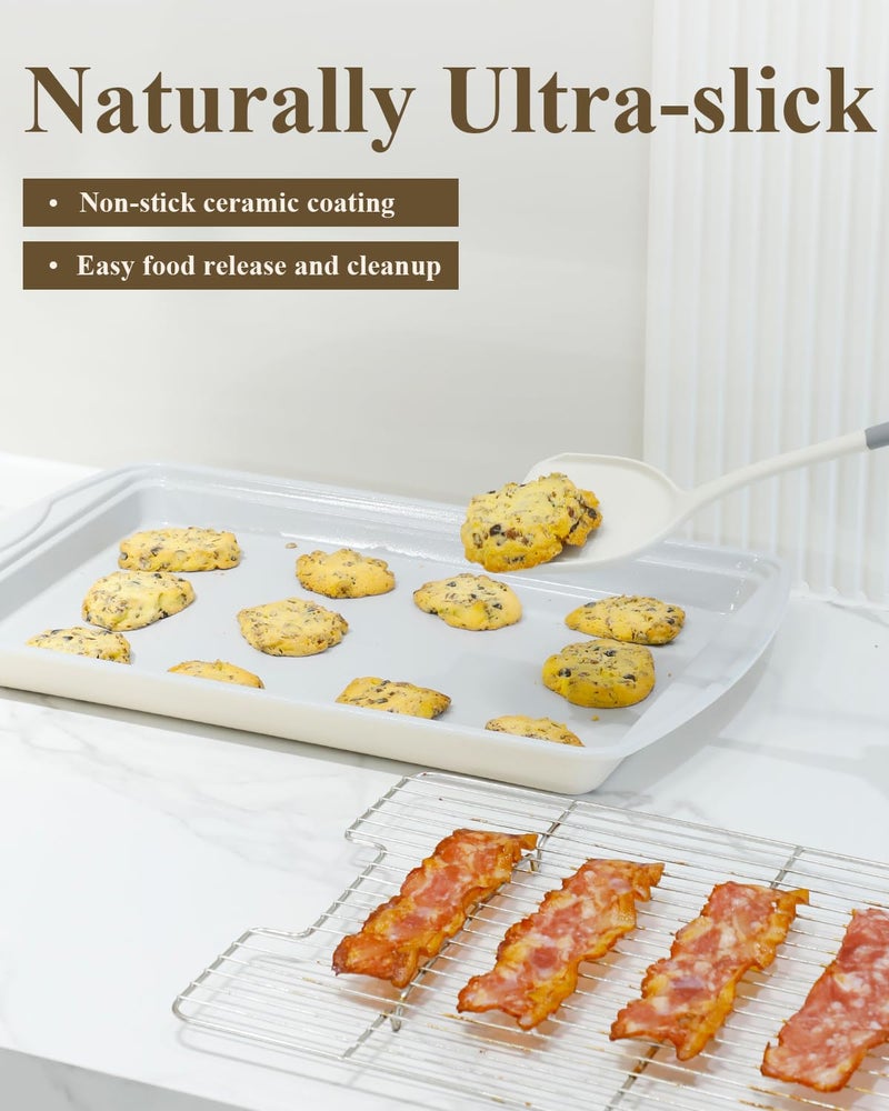 Ymiton Nonstick Crisp Baking Tray With Wire Rack, Ceramic Coating Jelly Roll 15x10 Cookie Sheet Pan, Non-Toxic, PTFE & PFOA Free, Oven Safe 550Â°F, Dishwasher Safe, Aluminized Steel, Sunshine Cream - Image 5