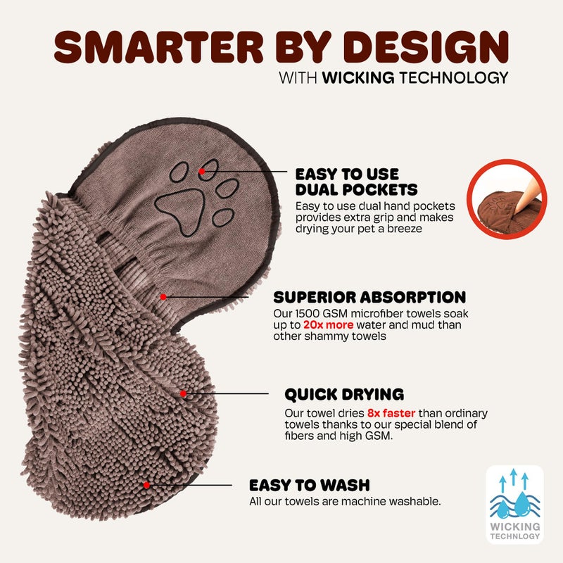 Dog Gone Smart The Dirty Dog Shammy - Fast Drying Plush Shammy Towel with Dual Hand Pockets and Elastic - Super Absorbent Microfiber and Machine Washable - Grey - Image 5