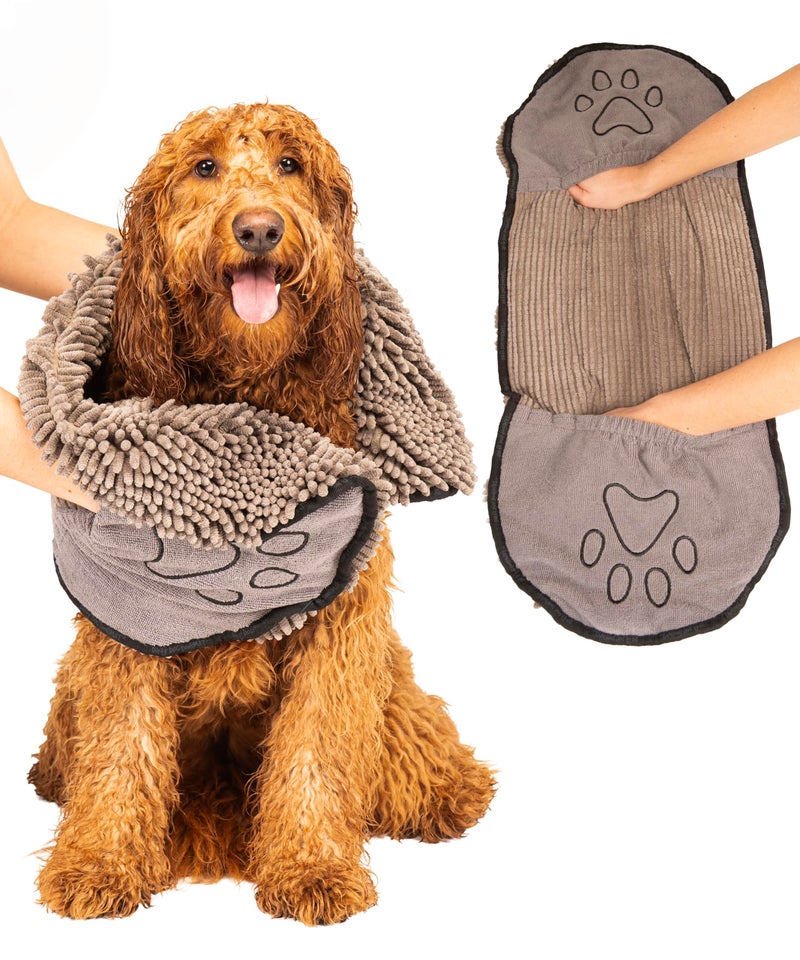 Dog Gone Smart The Dirty Dog Shammy - Fast Drying Plush Shammy Towel with Dual Hand Pockets and Elastic - Super Absorbent Microfiber and Machine Washable - Grey - Image 1
