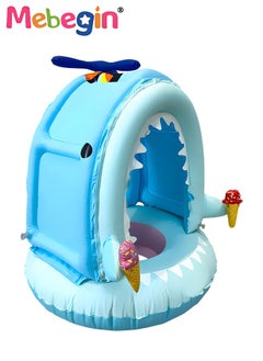 MEBEGIN Shark Shape Swimming Ring with Sun Canopy and 2 Ice Cream Decorations, Inflatable Baby Pool Float with Safety Seat, Comfortable Infant Floaty, Fun Water Toys for Kids, Suitable for Family Swimming Pools, Outdoor Trips, Lakes and Beaches, 70*72*80cm  - Image 1