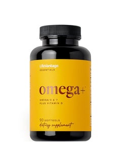 Omega+ - Supplement 3-in-1 Blend of Omega-7, Vitamin D and Omega-3 - for Brain, Cardiovascular, Skin Health and Immunity - 90 Softgels