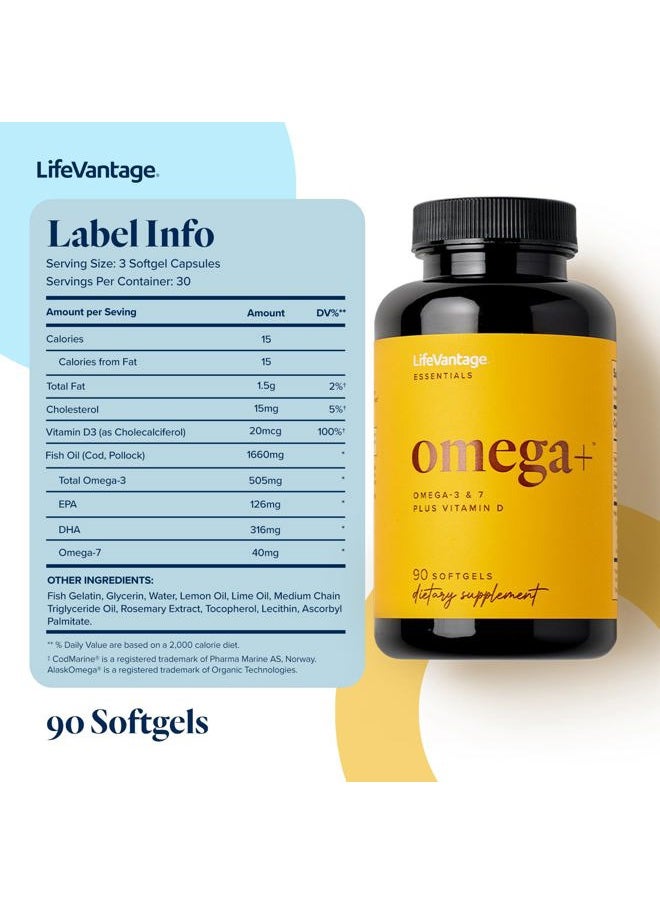 LifeVantage - Omega+ - Supplement 3-in-1 Blend of Omega-7, Vitamin D and Omega-3 - for Brain, Cardiovascular, Skin Health and Immunity - 90 Softgels - Image 1
