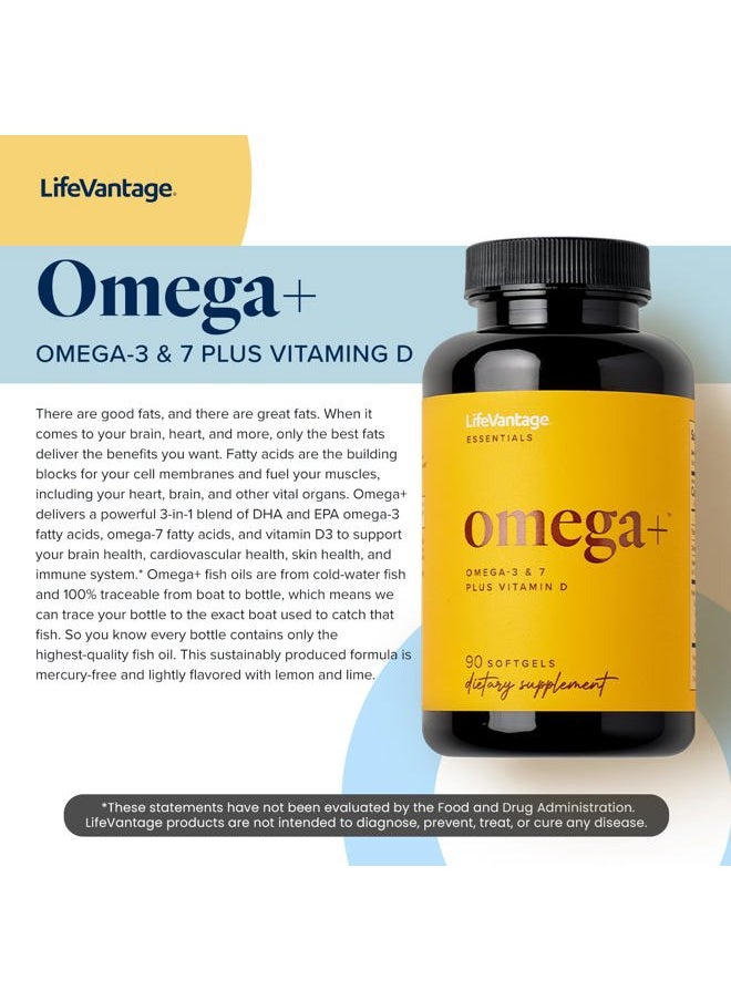 LifeVantage - Omega+ - Supplement 3-in-1 Blend of Omega-7, Vitamin D and Omega-3 - for Brain, Cardiovascular, Skin Health and Immunity - 90 Softgels - Image 1