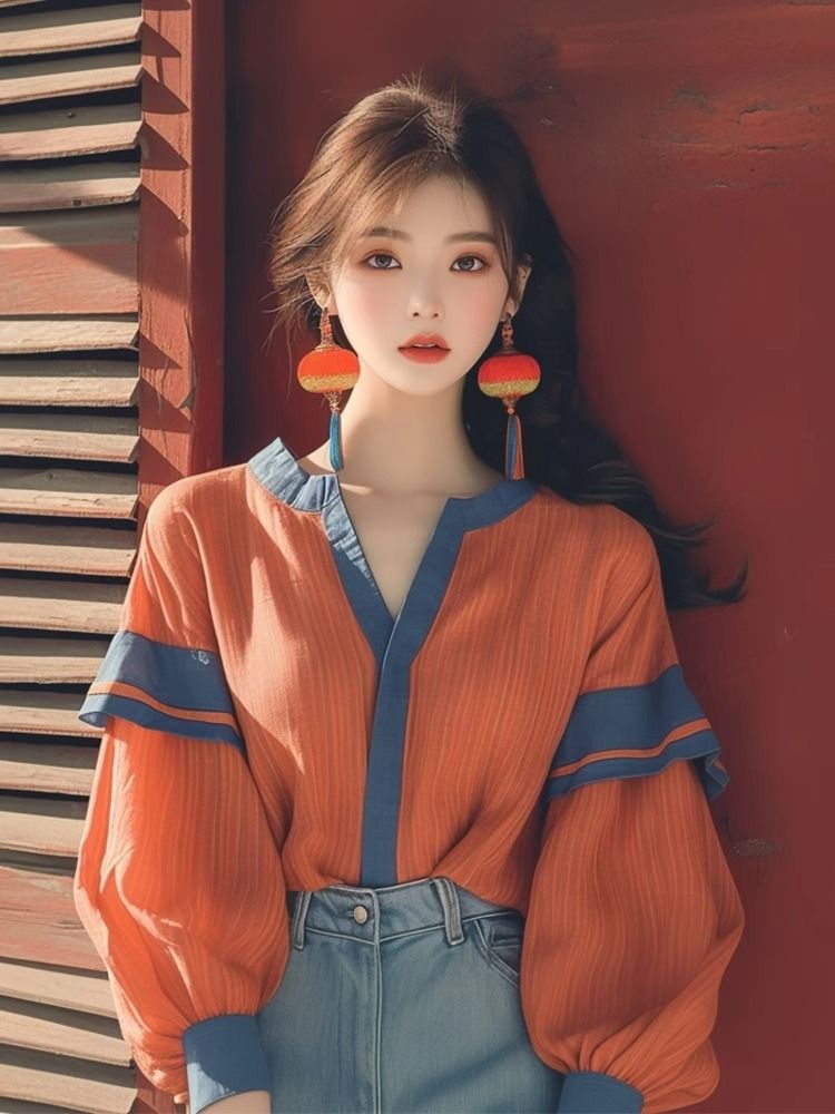 Early Autumn New Explosive Top Niche Korean Style Western Style Loose Slimming Super Nice Orange Stitching Lantern Sleeve Shirt - Image 3