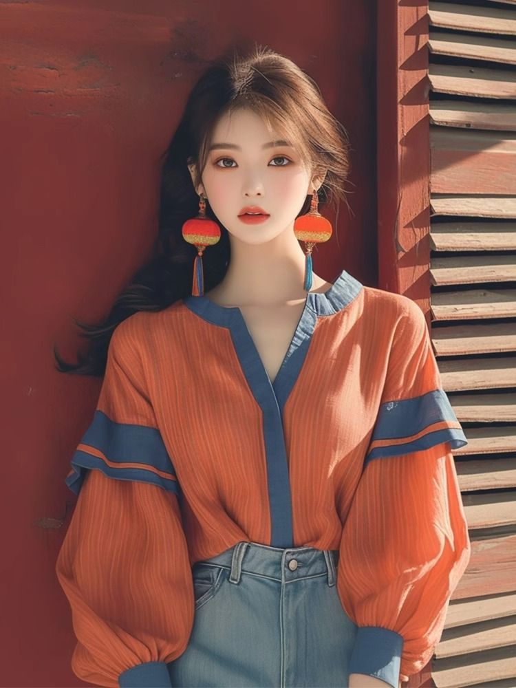 Early Autumn New Explosive Top Niche Korean Style Western Style Loose Slimming Super Nice Orange Stitching Lantern Sleeve Shirt - Image 2