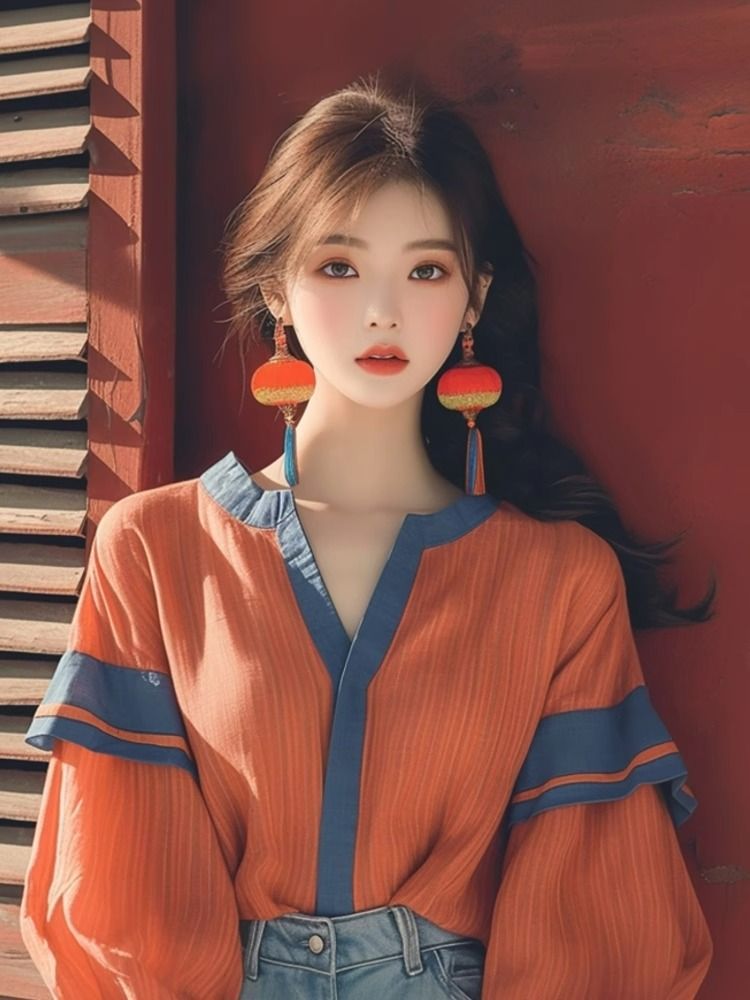 Early Autumn New Explosive Top Niche Korean Style Western Style Loose Slimming Super Nice Orange Stitching Lantern Sleeve Shirt - Image 5