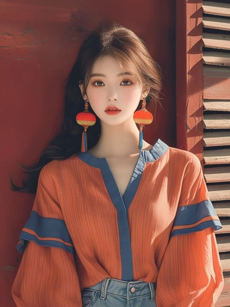Early Autumn New Explosive Top Niche Korean Style Western Style Loose Slimming Super Nice Orange Stitching Lantern Sleeve Shirt - Image 4