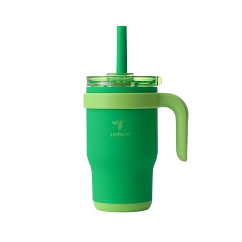 REDUCE 14 Oz Coldee Kids Tumbler with Lid and Straw Coldee Insulated Travel Mug SpillProof Sweatproof Stainless Steel BPAFree Includes Handle Reusable Silicone Straw Clover Green
