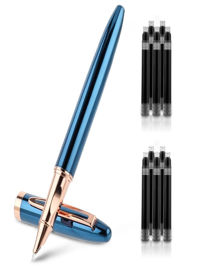 Amaxiu Metal Black Fountain Pen Set, 0.38mm Fine Nib Fountain Pen with 10 3.4mm Ink Cartridges and 1 Converter Smooth Writing Luxury Calligraphy Pen Office School Supplies Gift(Blue) - Image 1