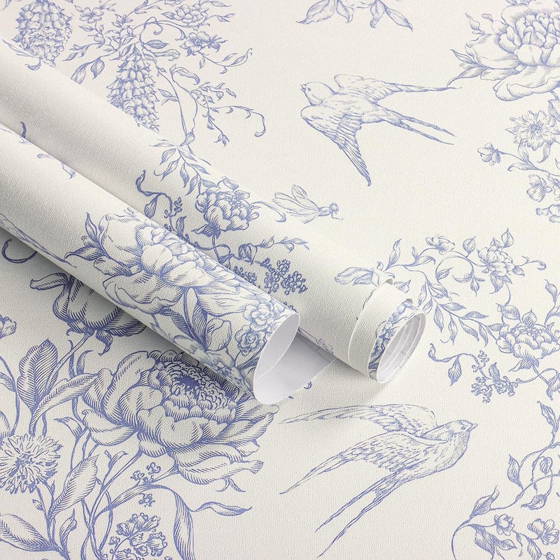 Froluya Floral Peel and Stick Wallpaper Vintage Contact Paper 16.9"x 118.1" Cream White and Blue Wallpaper Peel and Stick Floral Birds Self Adhesive Removable Wall Paper for Bedroom Bathroom Vinyl - Image 1