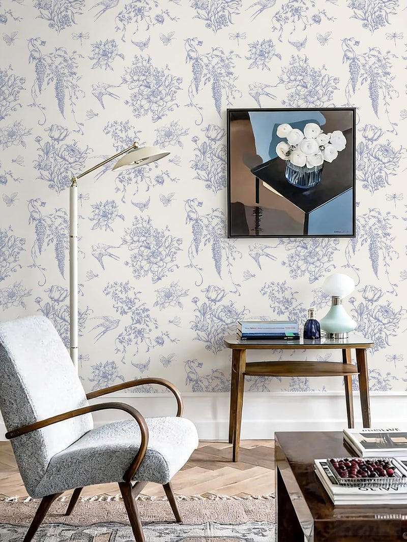 Froluya Floral Peel and Stick Wallpaper Vintage Contact Paper 16.9"x 118.1" Cream White and Blue Wallpaper Peel and Stick Floral Birds Self Adhesive Removable Wall Paper for Bedroom Bathroom Vinyl - Image 2