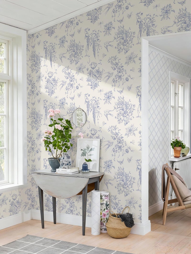 Froluya Floral Peel and Stick Wallpaper Vintage Contact Paper 16.9"x 118.1" Cream White and Blue Wallpaper Peel and Stick Floral Birds Self Adhesive Removable Wall Paper for Bedroom Bathroom Vinyl - Image 3