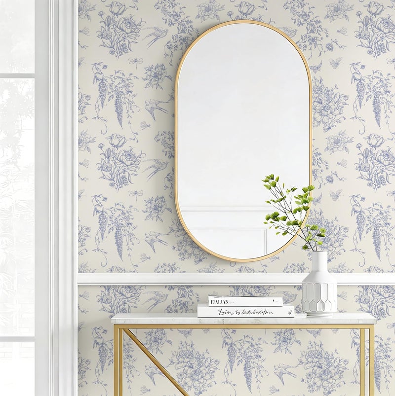 Froluya Floral Peel and Stick Wallpaper Vintage Contact Paper 16.9"x 118.1" Cream White and Blue Wallpaper Peel and Stick Floral Birds Self Adhesive Removable Wall Paper for Bedroom Bathroom Vinyl - Image 4