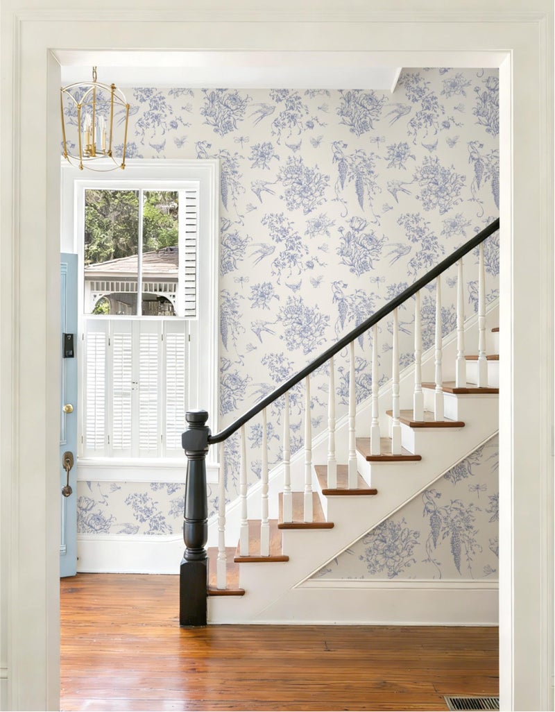Froluya Floral Peel and Stick Wallpaper Vintage Contact Paper 16.9"x 118.1" Cream White and Blue Wallpaper Peel and Stick Floral Birds Self Adhesive Removable Wall Paper for Bedroom Bathroom Vinyl - Image 5