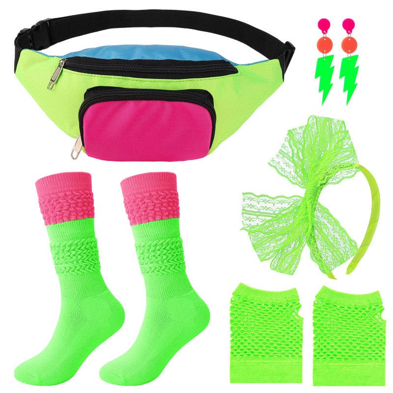 ZhouBoat 5Pcs 80s Accessories for Women, Neon Costume Set with 80s Fanny Pack Hairband Fishnet Gloves Earrings Socks for Halloween Themed Party (Green) - Image 1