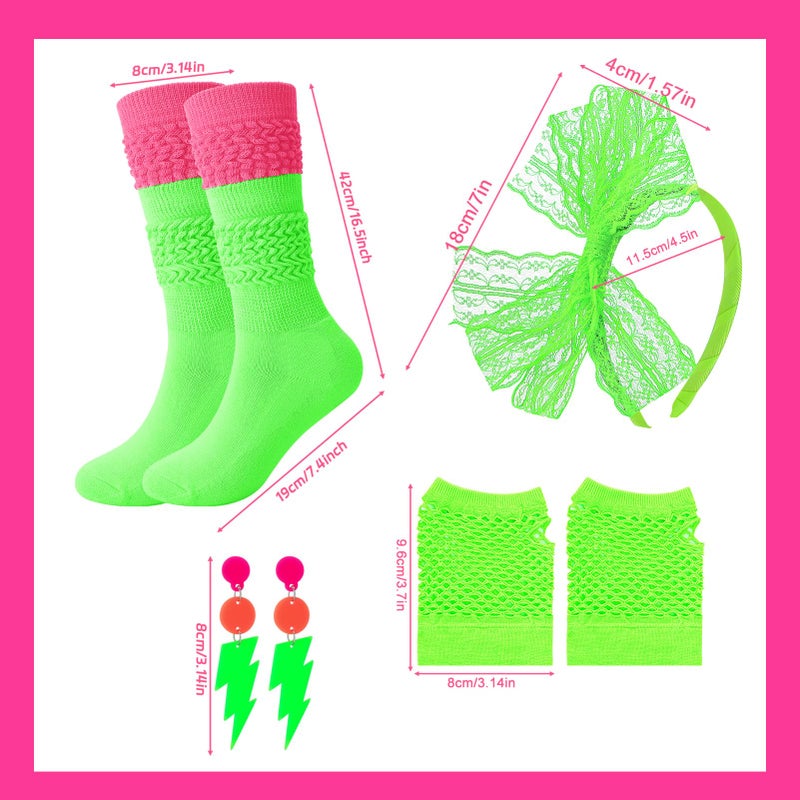 ZhouBoat 5Pcs 80s Accessories for Women, Neon Costume Set with 80s Fanny Pack Hairband Fishnet Gloves Earrings Socks for Halloween Themed Party (Green) - Image 2