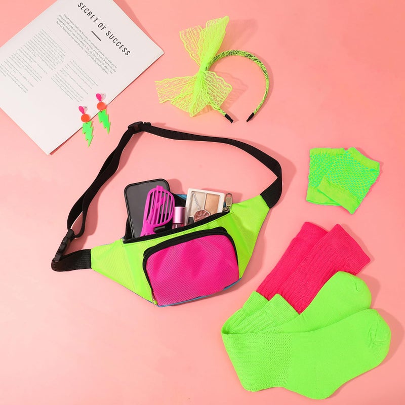 ZhouBoat 5Pcs 80s Accessories for Women, Neon Costume Set with 80s Fanny Pack Hairband Fishnet Gloves Earrings Socks for Halloween Themed Party (Green) - Image 5