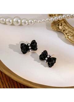 Needle Small Liquid Metal Butterfly Knot Earrings High-end Irregular Wrinkle Pearl Earrings Sweet Ear Jewelry H984/black