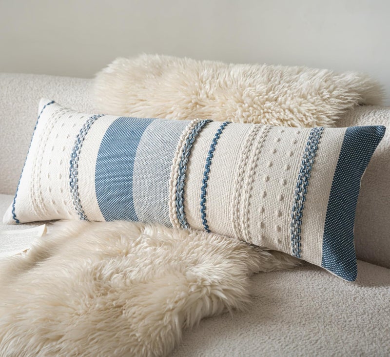 Cethom Boho Lumbar Pillow Covers 14x36 Inch Long, Blue Textured Decorative Couch Pillow Cases for Farmhouse Home Decor, Accent Cushion Cover for Sofa, Bed, Living Room, Bedroom, Pack of 1 - Image 1