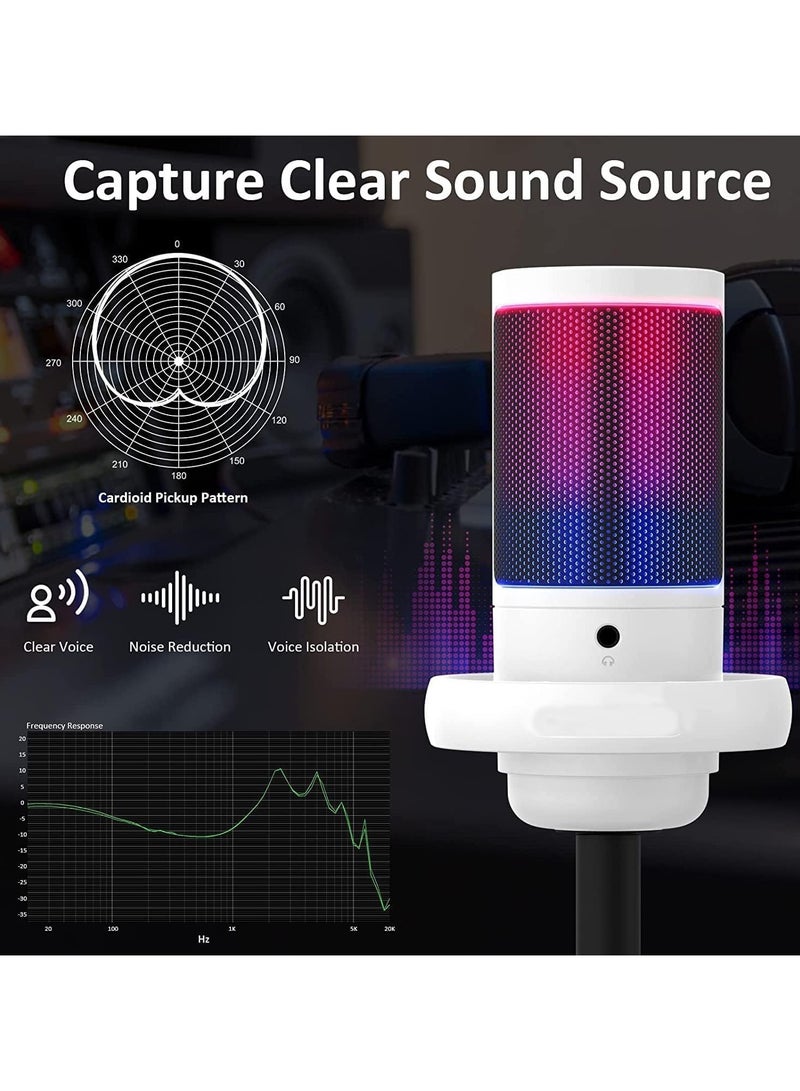Gaming PC USB Microphone,Podcast Condenser Mic with Boom Arm,Pop Filter,Mute on for Streaming,Online Chat, RGB Computer Mic for PS4/5 PC Gamer Youtuber (White-2) - Image 2