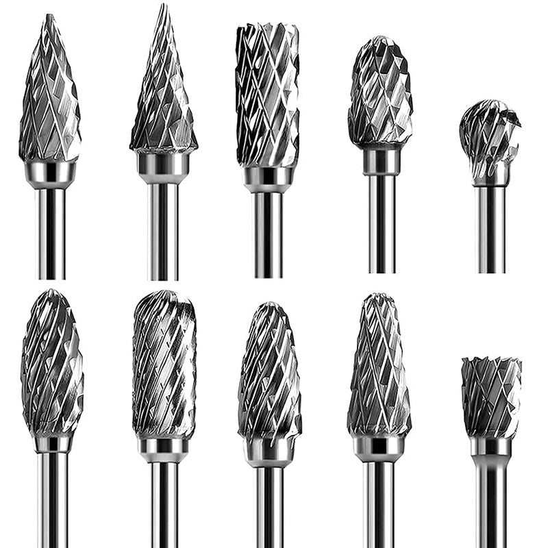 Lukcase Double Cut Carbide Rotary Burr Set - 10 Pcs 1/8" Shank, 1/4" Head Length Tungsten Steel for Woodworking,Drilling, Metal Carving, Engraving, Polishing - Image 1