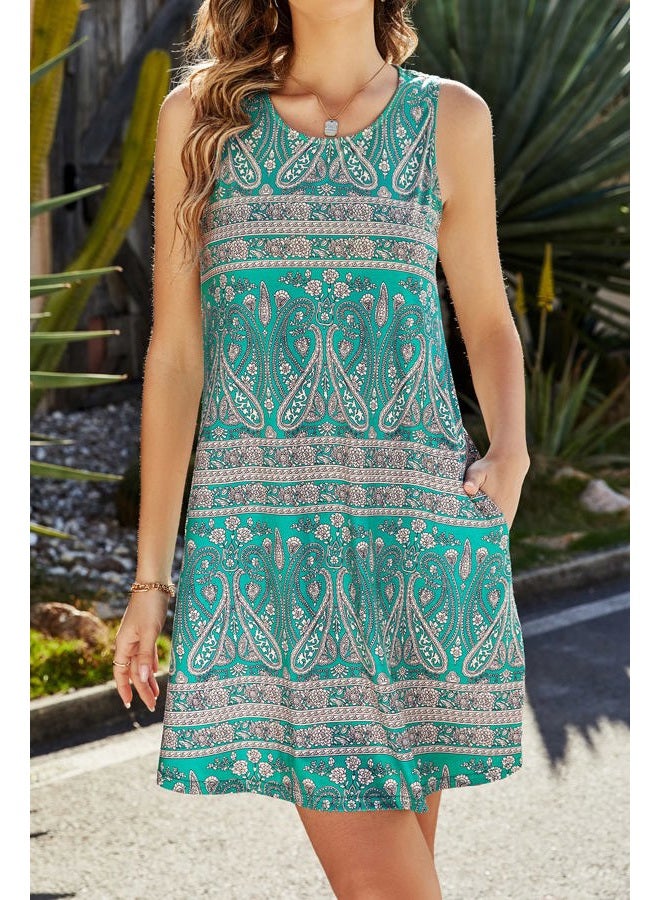 SimpleFun Sun Dresses Women Summer Casual Beach Paisley Print Sundress Pockets Boho Dress Short Green Print,M - Image 2