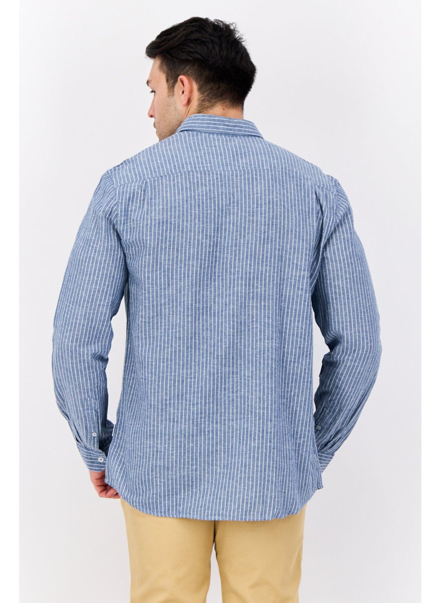 Peter Werth Men Regular Fit Stripe Print Long Sleeves Casual Shirt, White/Slate Blue  - Image 2