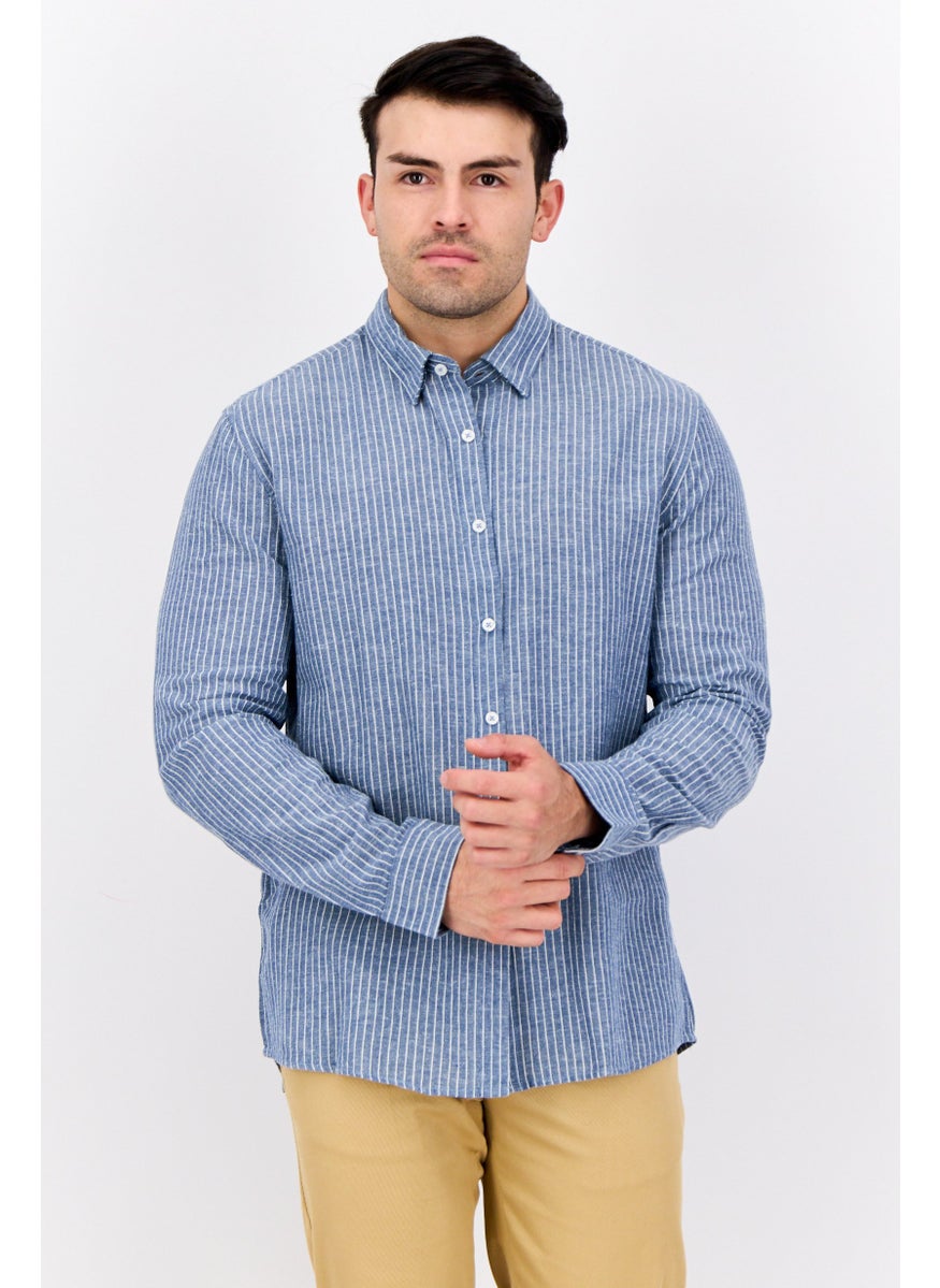 Peter Werth Men Regular Fit Stripe Print Long Sleeves Casual Shirt, White/Slate Blue  - Image 1