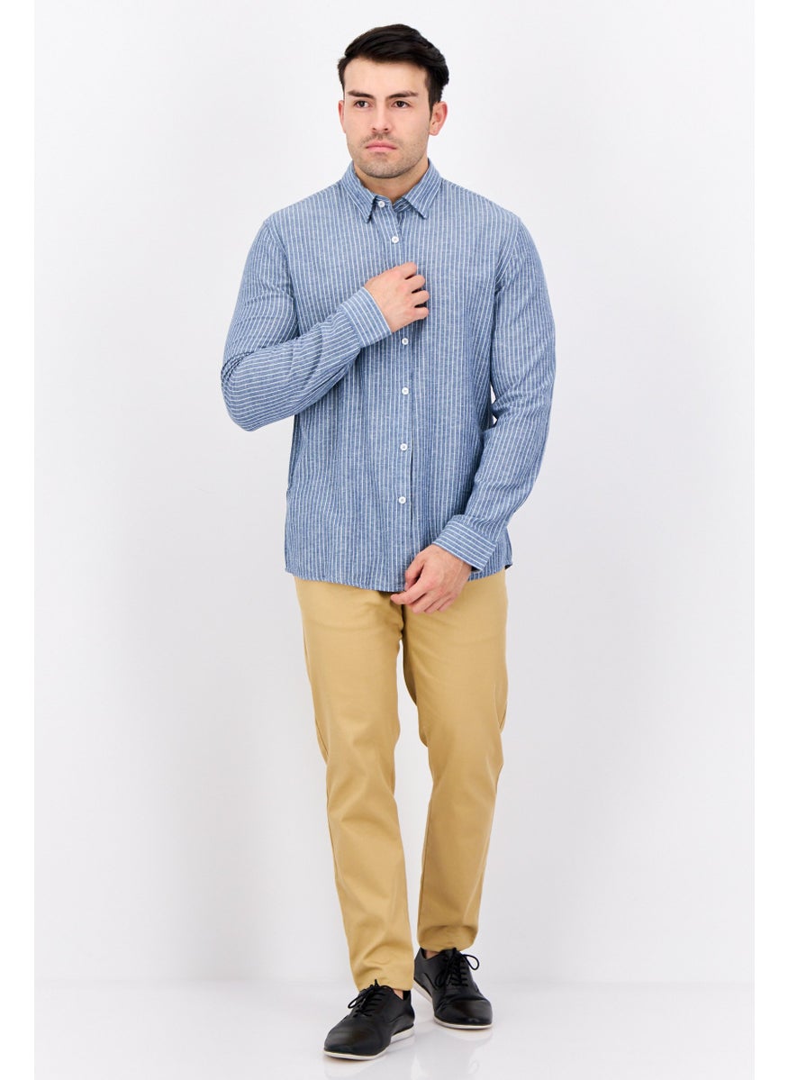 Peter Werth Men Regular Fit Stripe Print Long Sleeves Casual Shirt, White/Slate Blue  - Image 3