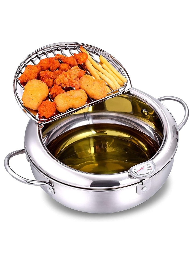 SYOSI Deep Fryer Pot 304 Stainless Steel with Temperature Control and Lid Japanese Style Tempura Fryer Pan Uncoated Fryer Diameter 9.4" - Image 1