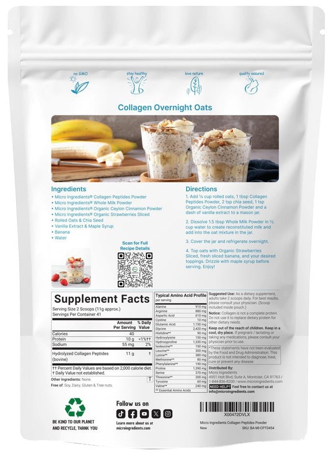 Micro Ingredients مسحوق ببتيدات الكولاجين البقري، 1 رطل | النوع الأول والثالث + بروتين طبيعي | مصدر بقري من المراعي | بدون نكهة | يدعم صحة الجلد والمفاصل والعظام | باليو، غير معدّل وراثيًا - Image 2