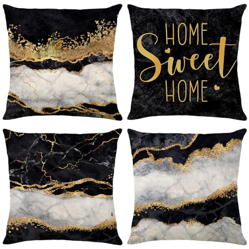 wyooxoo Throw Pillow Covers 18x18 Set of 4 Farmhouse Pillow Covers Linen Cushion Cover Marble Texture Turquoise Decorative Pillowcases for Sofa Couch Living Room Black White 18 x 18