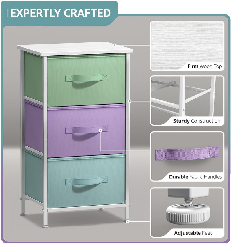 Sorbus Nightstand with 3 Drawers - Bedside Furniture & Accent End Table Storage Tower for Home, Bedroom Accessories, Office, College Dorm, Steel Frame, Wood Top, Easy Pull Fabric Bins (Pastel/White) - Image 3