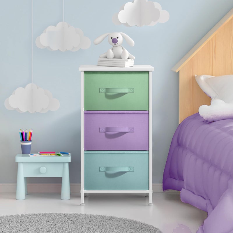 Sorbus Nightstand with 3 Drawers - Bedside Furniture & Accent End Table Storage Tower for Home, Bedroom Accessories, Office, College Dorm, Steel Frame, Wood Top, Easy Pull Fabric Bins (Pastel/White) - Image 2
