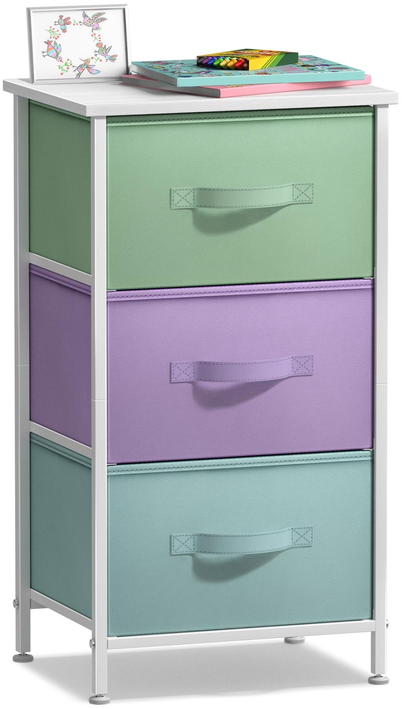 Sorbus Nightstand with 3 Drawers - Bedside Furniture & Accent End Table Storage Tower for Home, Bedroom Accessories, Office, College Dorm, Steel Frame, Wood Top, Easy Pull Fabric Bins (Pastel/White) - Image 1