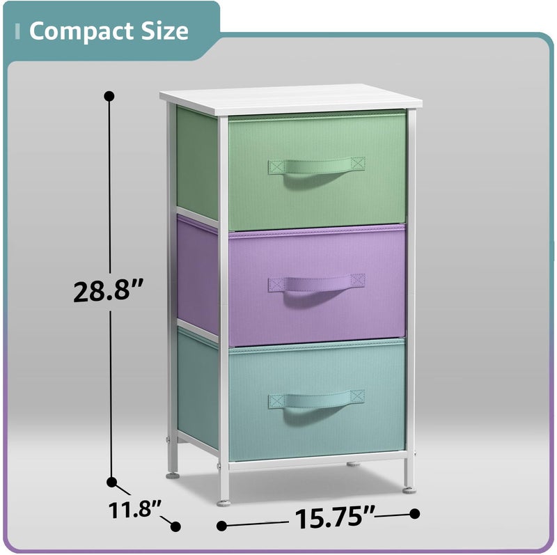 Sorbus Nightstand with 3 Drawers - Bedside Furniture & Accent End Table Storage Tower for Home, Bedroom Accessories, Office, College Dorm, Steel Frame, Wood Top, Easy Pull Fabric Bins (Pastel/White) - Image 4