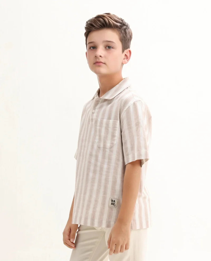 Rare Ones Rare Ones Kids Timo Brown Cotton Striped Button Closure Regular Fit Shirt