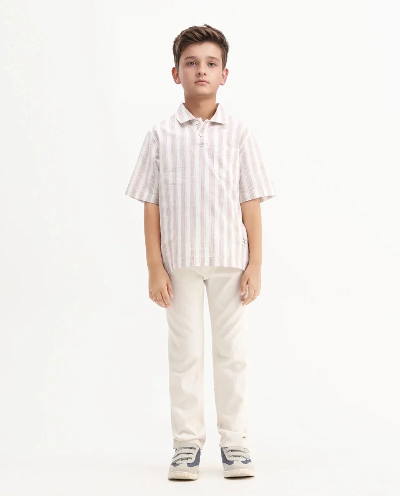 رير ونز Rare Ones Kids Timo Brown Cotton Striped Button Closure Regular Fit Shirt