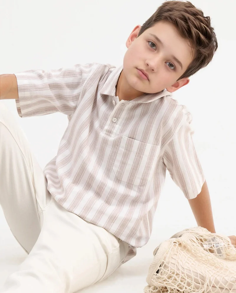 رير ونز Rare Ones Kids Timo Brown Cotton Striped Button Closure Regular Fit Shirt