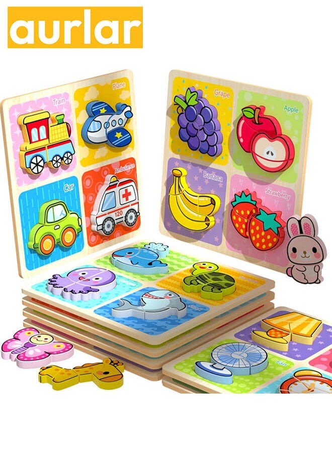 Aurlar - 6 Sets Cartoon Wooden Puzzle Set for Toddlers, Includes Animals, Vegetables, Fruits, Transportation, Furniture, and Preschool Educational Toys - Image 1