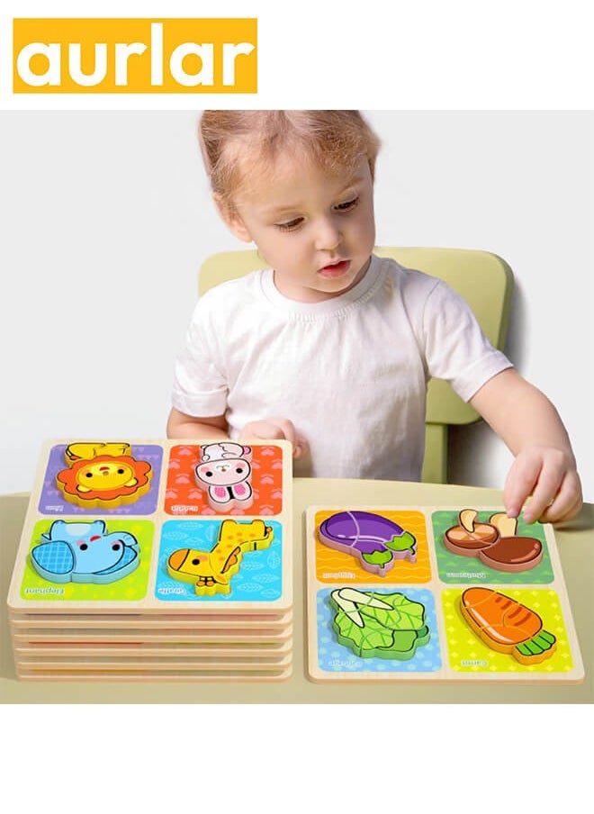 Aurlar - 6 Sets Cartoon Wooden Puzzle Set for Toddlers, Includes Animals, Vegetables, Fruits, Transportation, Furniture, and Preschool Educational Toys - Image 1