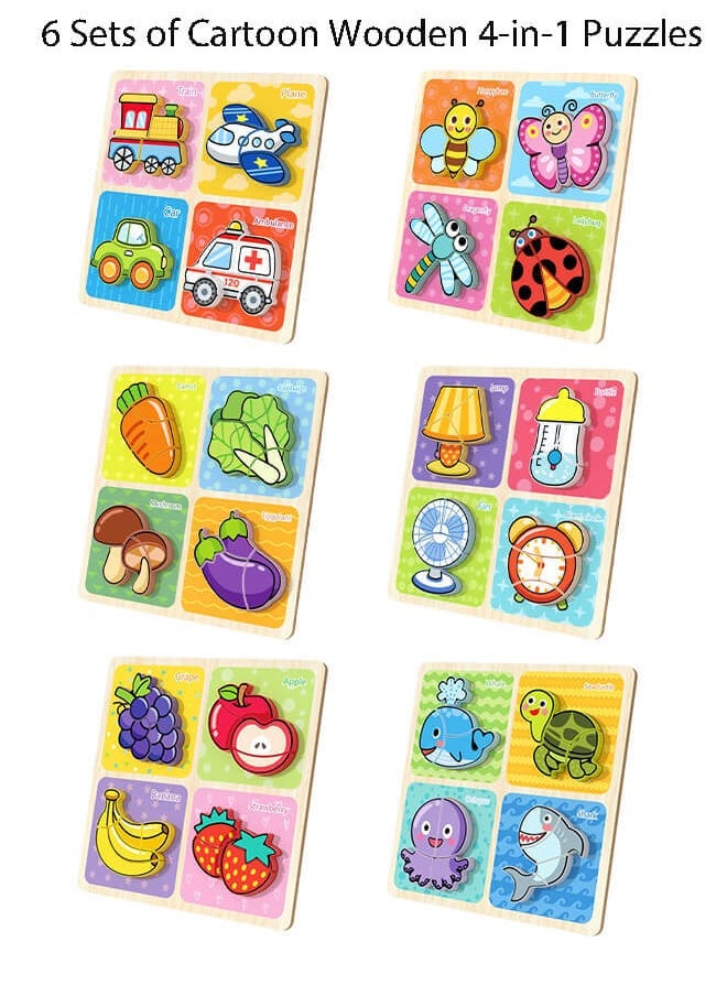 Aurlar - 6 Sets Cartoon Wooden Puzzle Set for Toddlers, Includes Animals, Vegetables, Fruits, Transportation, Furniture, and Preschool Educational Toys - Image 1
