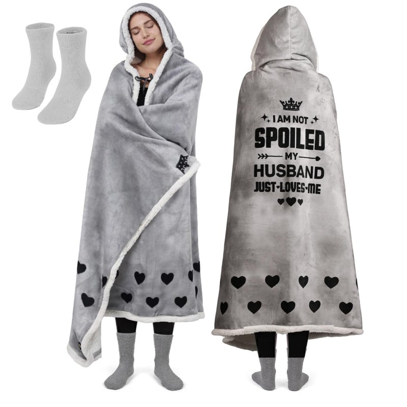 vaanshie Spoiled Wife Fleece Wearable Blanket Hoodie with Bonus Cozy Socks â€“ Ultra-Soft Oversized Sherpa Blanket Hoodie â€“ Valentineâ€™s Day Gift for Wife or Girlfriend â€“ One Size Fits Most - Image 1
