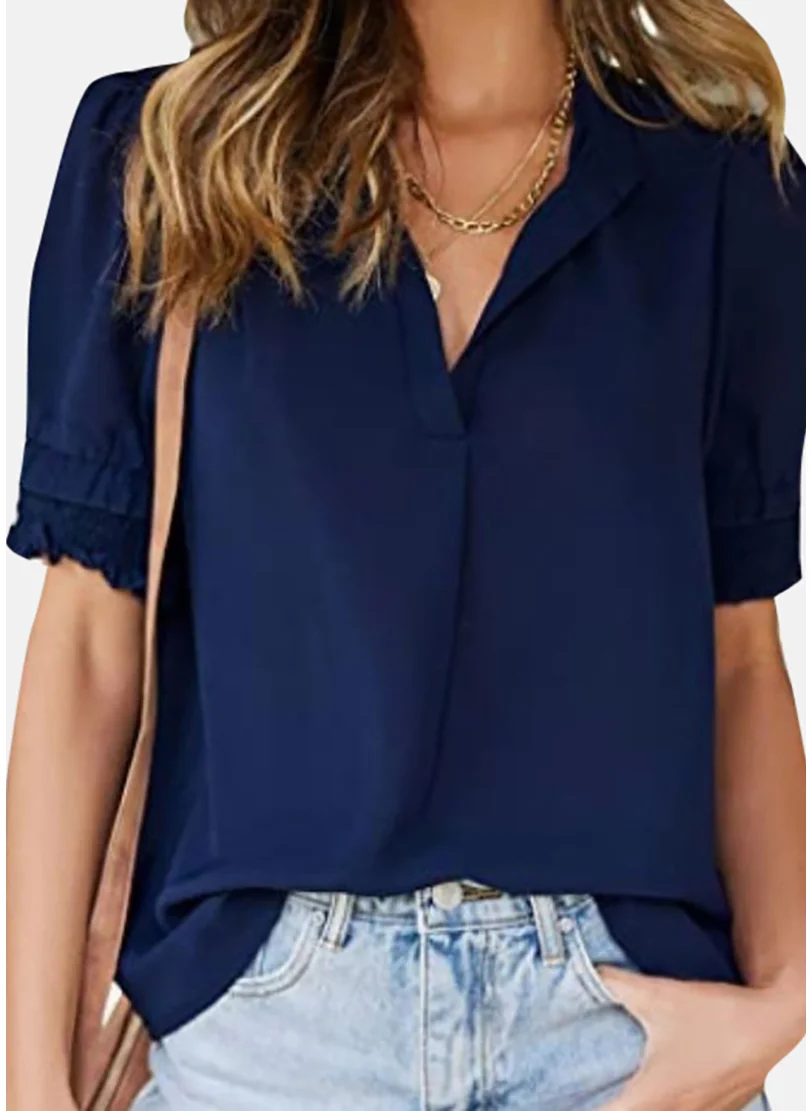 YUNIQEE Navy Blue Solid Short Sleeve V Neck Tunics