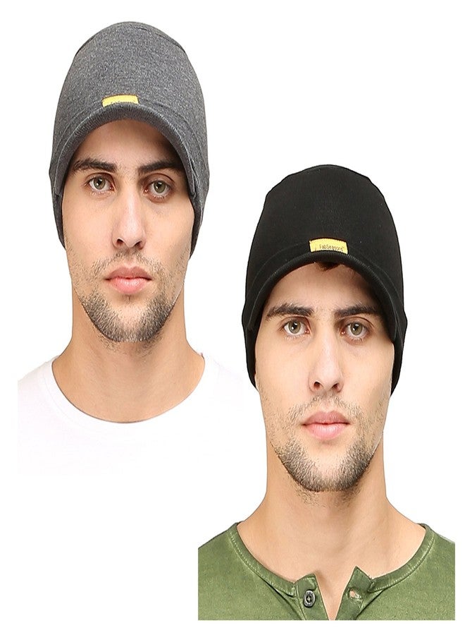 FabSeasons Unisex Cotton Skull Cap with Peak, Ideal for All Summer & Winters. Combo Pack of 2 (Black, Dark Gray) - Image 1
