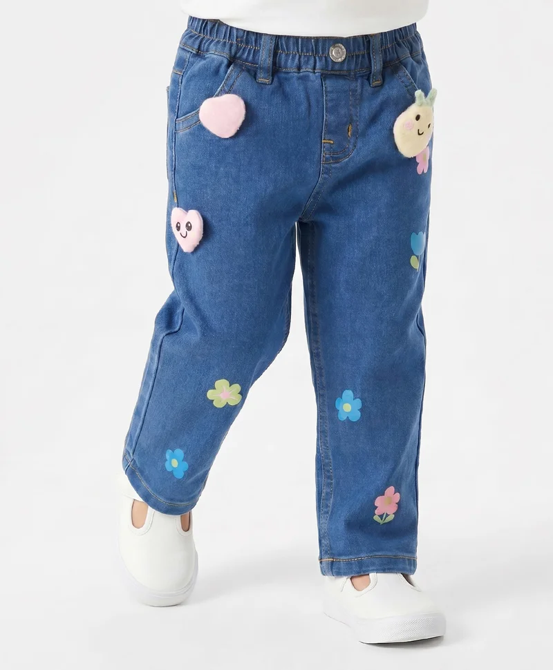 Bonfino Bonfino Woven Full Length Denim Jeans with Floral Print and Applique - Blue