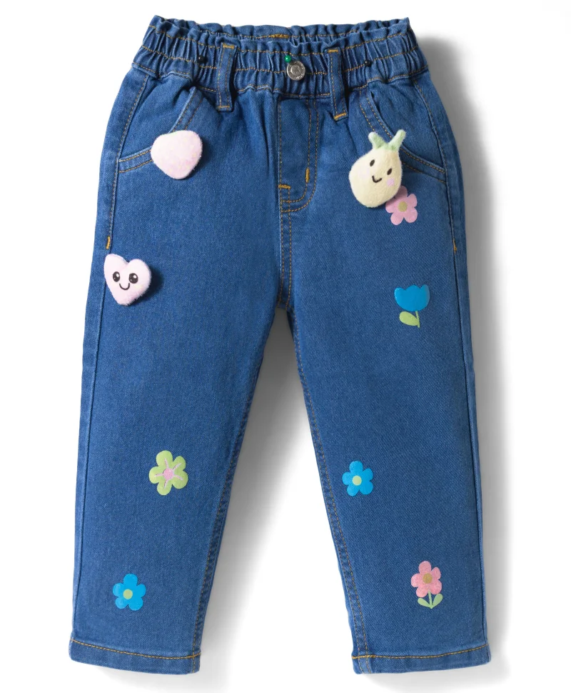 Bonfino Bonfino Woven Full Length Denim Jeans with Floral Print and Applique - Blue